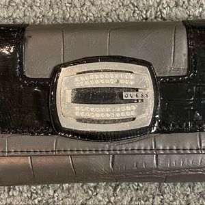 Guess Rhinestone G Alligator Print Trifold Wallet Black 7” x 3.75”